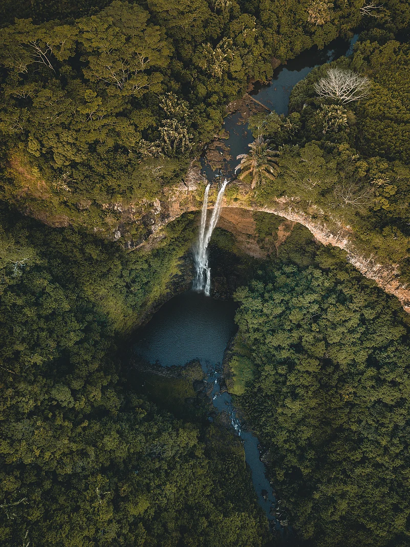 The beautiful Chamarel Waterfall, surrounded by ancient volcanic rock