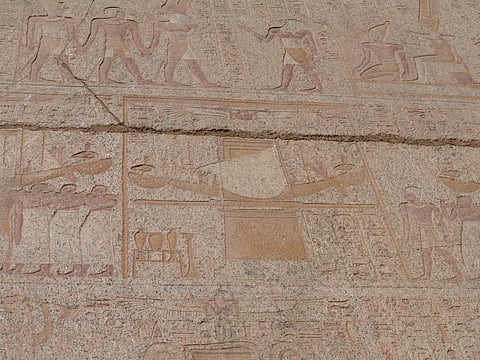 Scene of the great festival of Opet on the shrine of the solar barge in the temple of Karnak