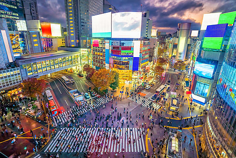 Shibuya crossing at twilight in Tokyo