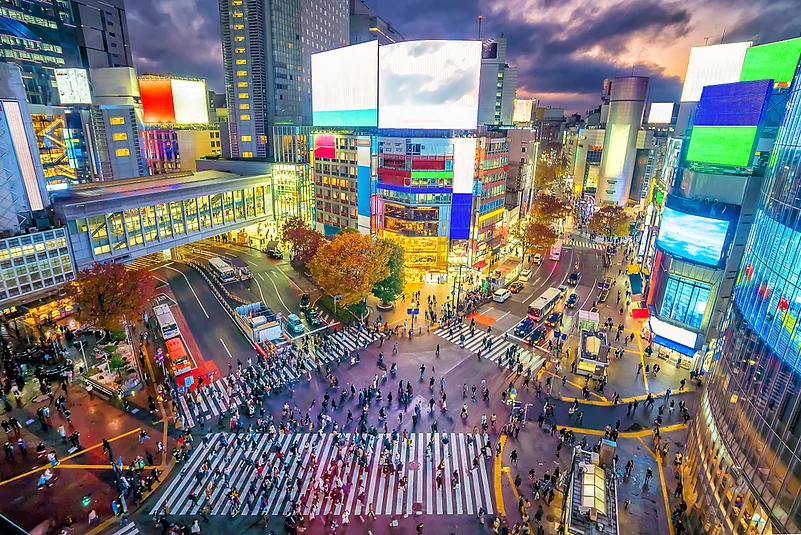 Shibuya crossing at twilight in Tokyo