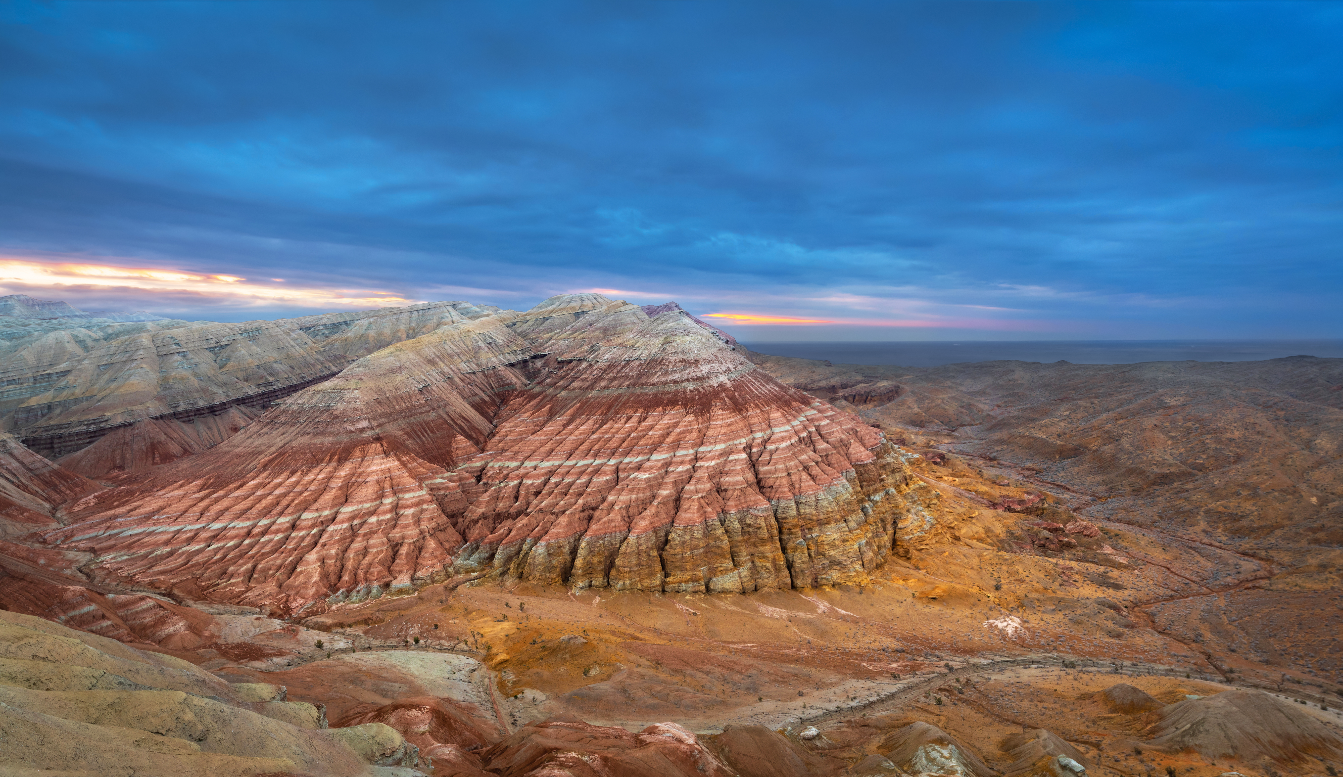 Aktau Mountains at sunrise, located in Altyn Emel National Park, Kazakhstan