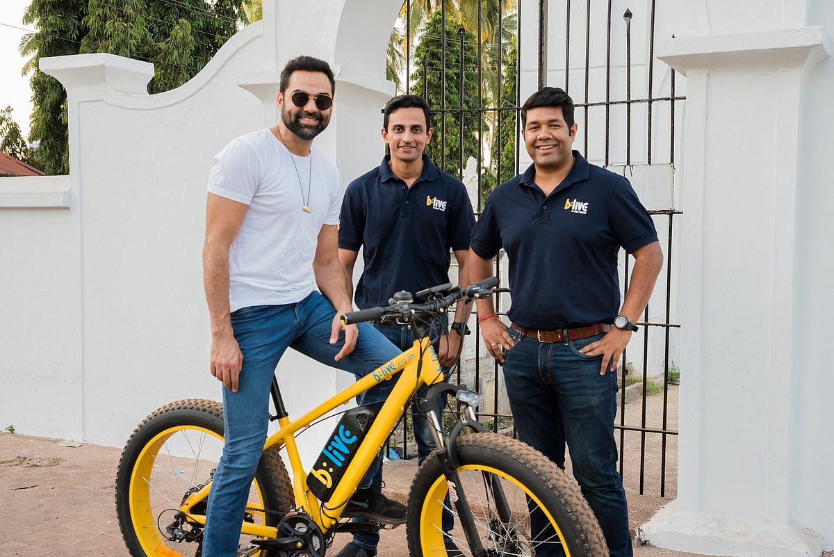 Deol with Blive co-founder and CEO Samarth Kholkar (centre) and co-founder and COO Sandeep Mukherjee (right)