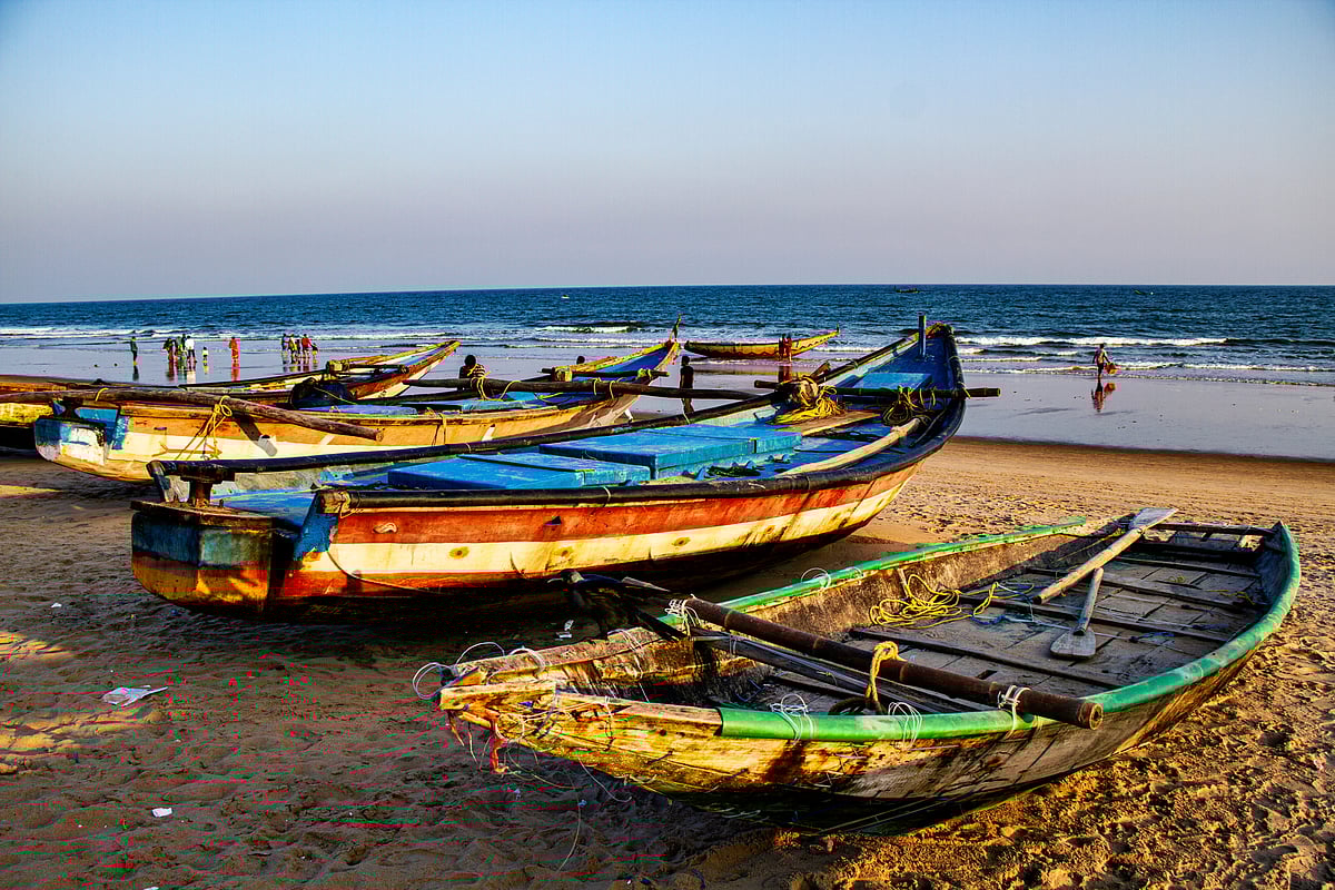 Fishing boats on Gopalpur beach in Odisha in India