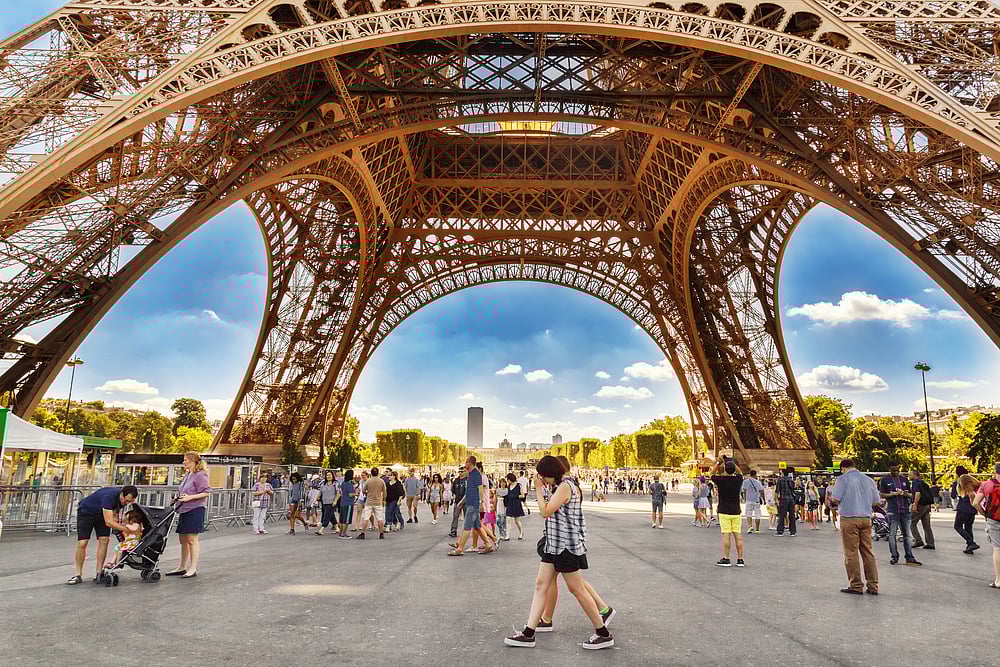 Tourists walking under the Eiffel Tower 