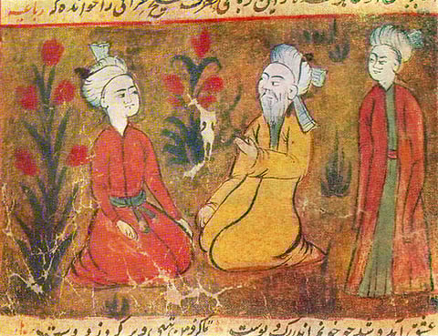Amir Khusrow teaching his disciples in a miniature from a manuscript of Majlis al-Ushshaq by Husayn Bayqarah