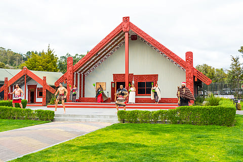 Tamaki Maori dancers in traditional dresses at Whakarewarewa Thermal Park