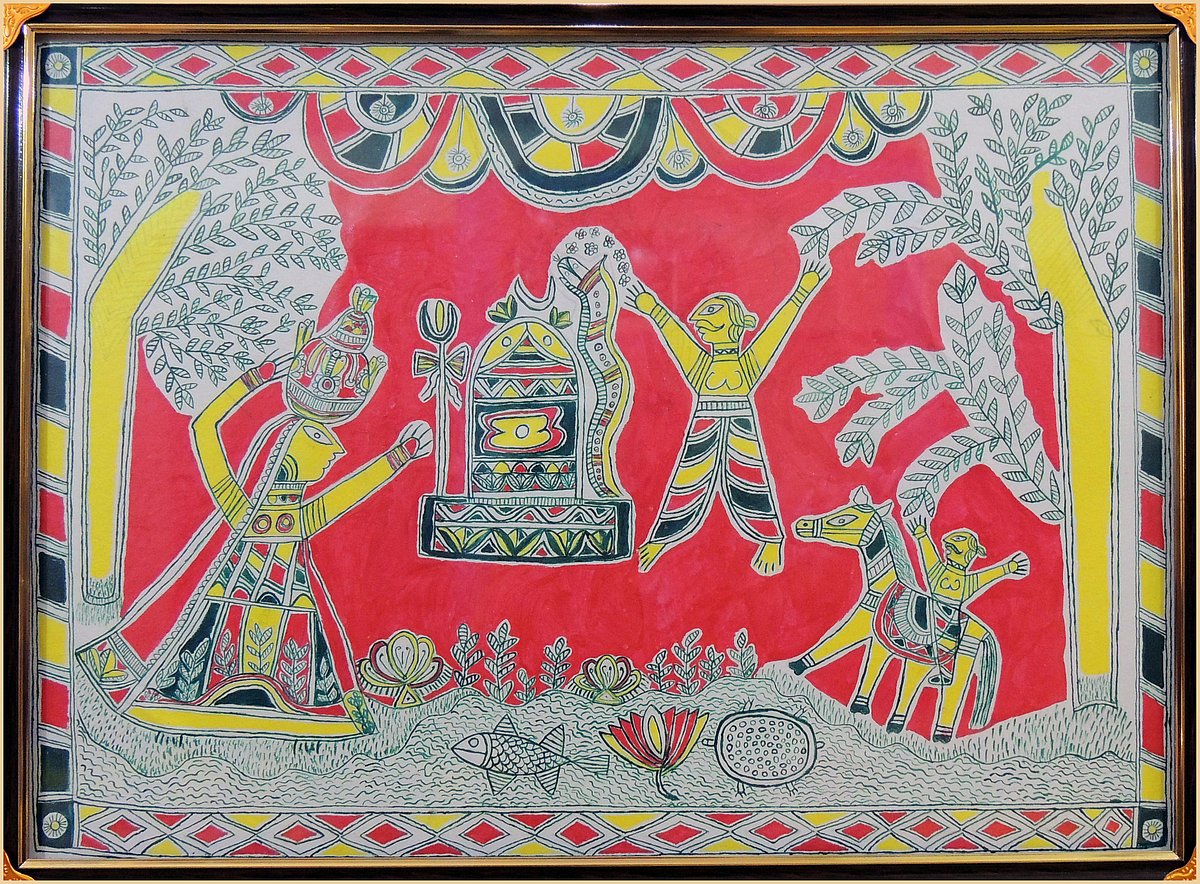 From the folkore of  Bihula-Bishahari, this panel shows Chandu Saudagar and his wife worshipping Lord Shiva

