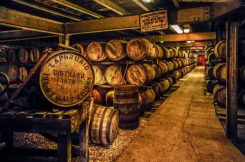 Whisky maturing in barrels at the famed Laphroaig Distillery, Islay