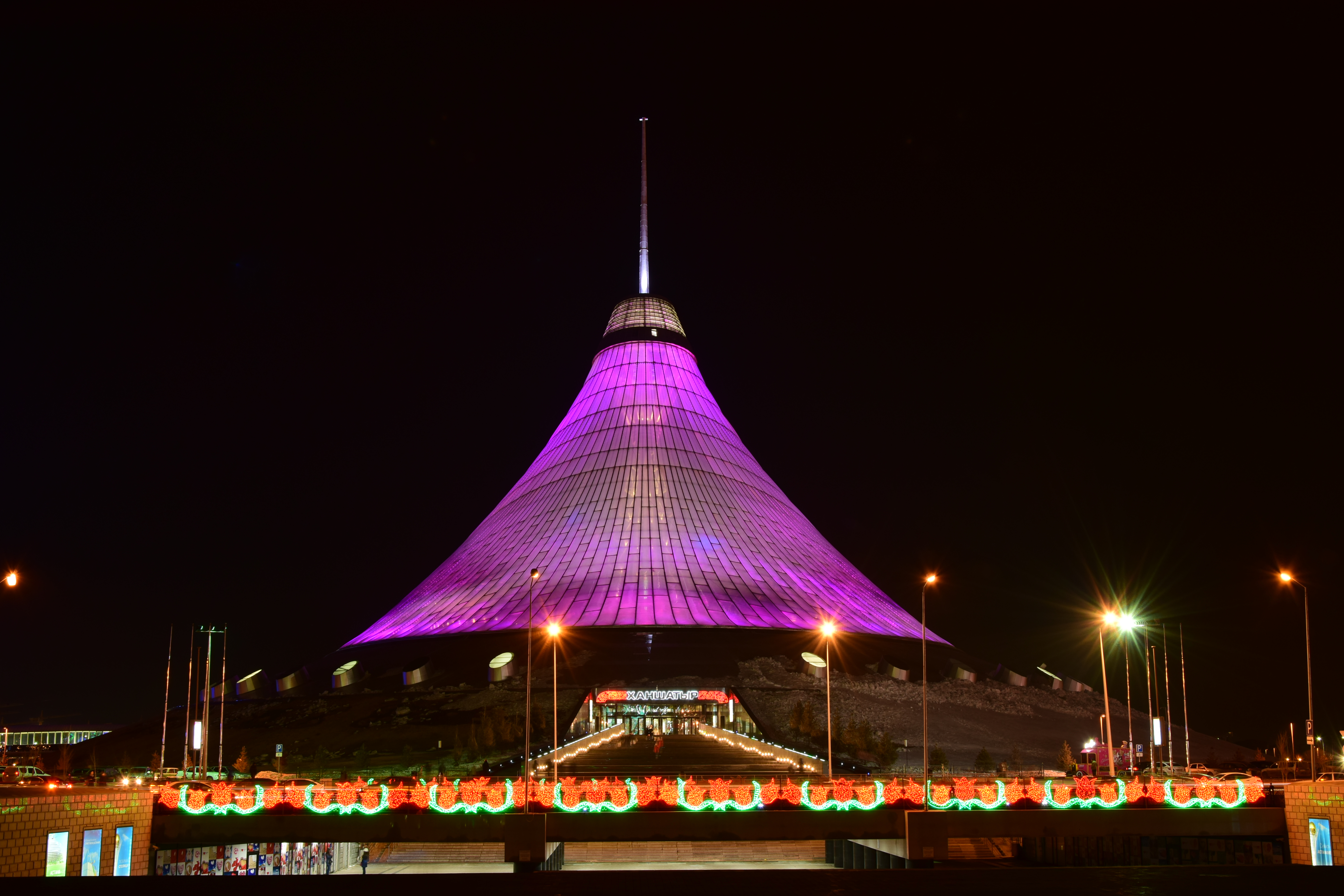 Night view of the KHAN SHATYR entertainment centre in Astana (Nur-Sultan), capital of Kazakhstan