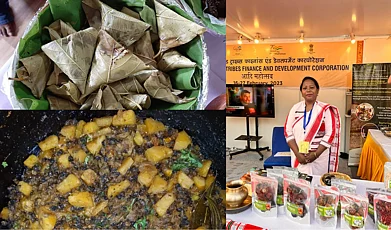 Copyright: Ajam Emba/Jharkhandi Foods : Two indigenous dishes on the top and bottom left. On the right is Aruna Tirkey at the Aadi Mahotsav in New Delhi (February 2023)
