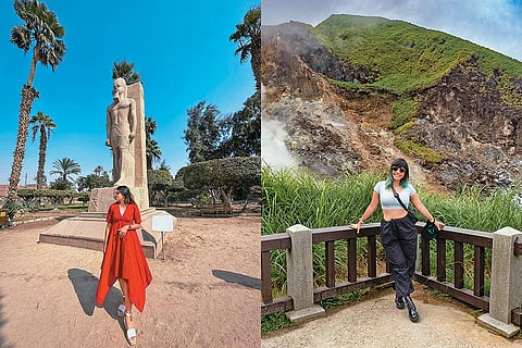 Left and right: Swathi Hariharan in Egypt; Radhika Nomllers in Yangmingshan National Park, Taiwan