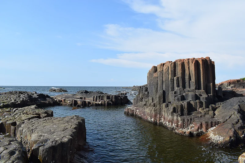A close-up of the hexagonal basalt rock formations at Coconut Island