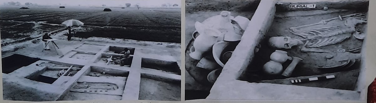 Left: Pictures of the cemetery area found in Mound 7 in 1997-98. Right: Burials founds at the site