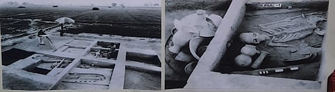 Left: Pictures of the cemetery area found in Mound 7 in 1997-98. Right: Burials founds at the site