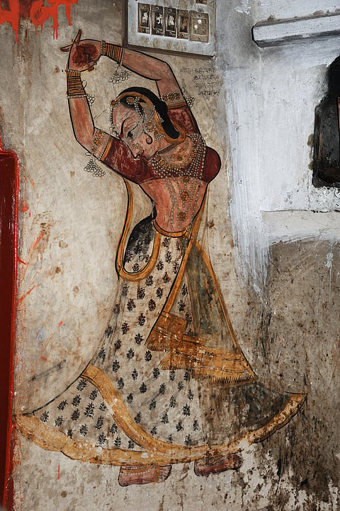 Old antique wall painting in Dwarkadhish Temple