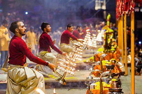 Ganga Aarti in progress at the Dashashwamedh Ghat