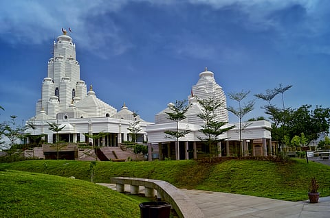 The vimanas of the temple of Lord Krishna at Karuna Dham in Bhopal
