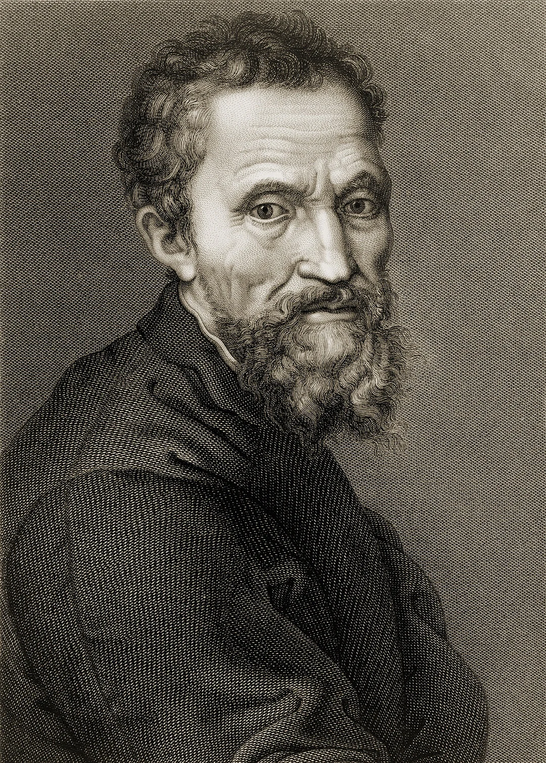 Michelangelo Buonarroti (1475-1564), in a 19th century engraving by Jean Louis Potrelle after Michelangelo self portrait of ca. 1530
