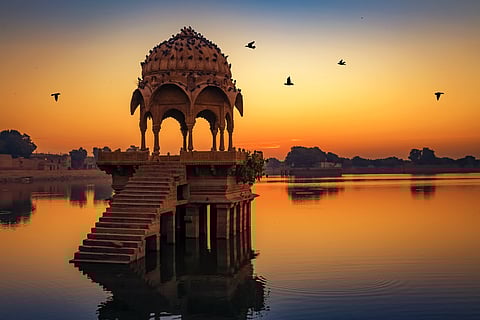 Ancient temple ruins at Gadi Sagar in Jaipur