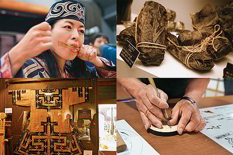 (clockwise from top left) Ainu artist playing Mukkuri; salmon skin shoes; Ainu carving at Nibutani Museum; traditional Ainu robe made from elm tree bark
