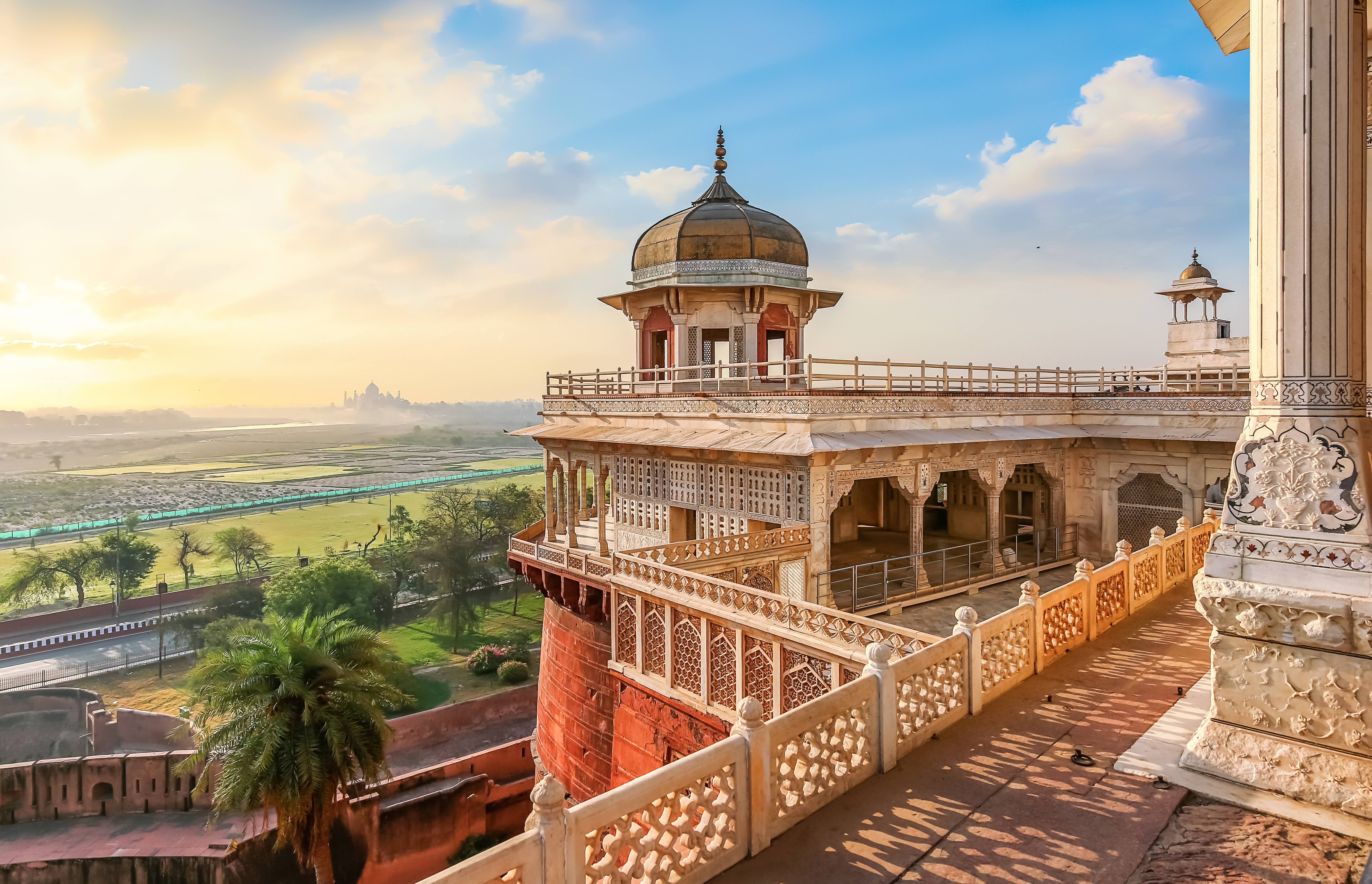 Musamman Burj of Agra Fort with Taj Mahal in the distance