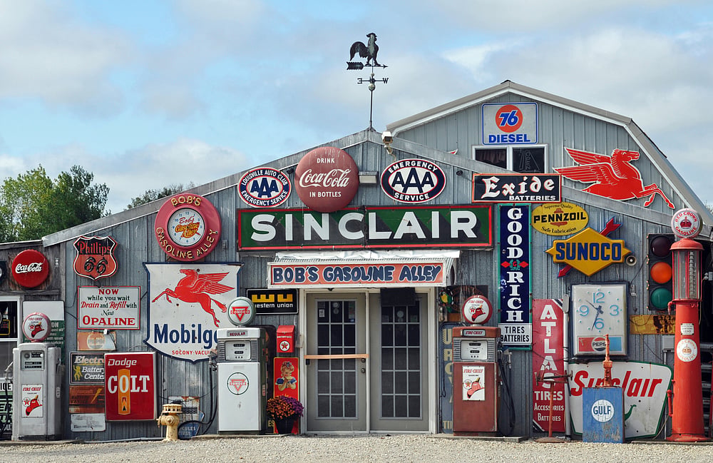 A collection of antique gas station memorabilia on display at Bobs Gasoline Alley, off Route 66 