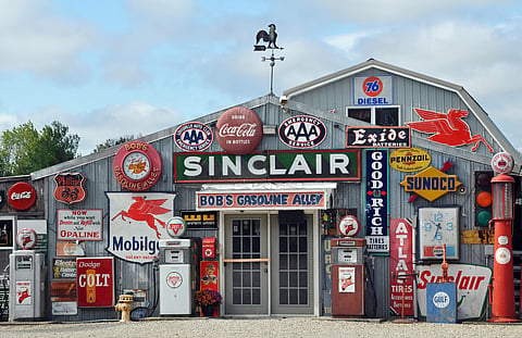 A collection of antique gas station memorabilia on display at Bob's Gasoline Alley, off Route 66