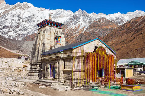 The Kedarnath temple is dedicated to Shiva and is made up of grey stone slabs