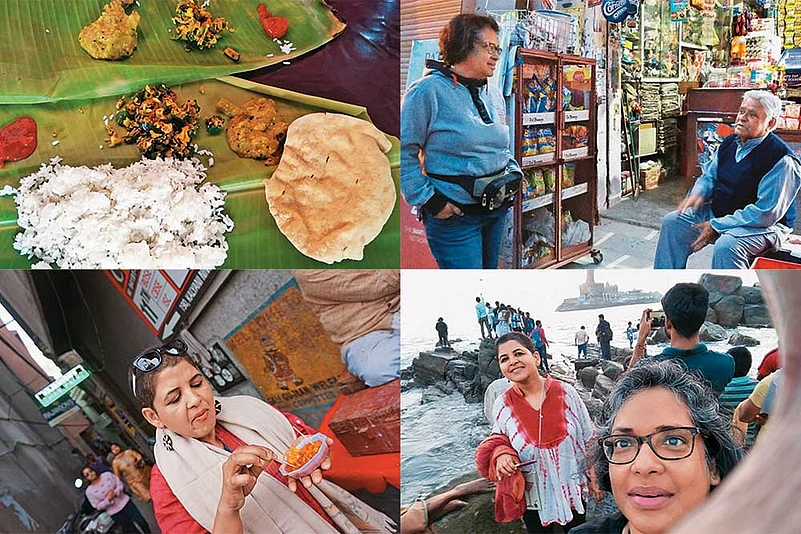 (Clockwise from top left) A meal in Kanyakumari; Preeta in Jammu; the duo in Kanyakumari; Sehba enjoys street food