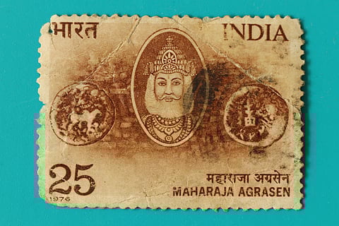 Close up of a commemorative postal stamp of India depicting Maharaja Agrasen