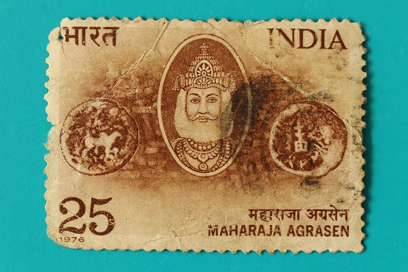 Close up of a commemorative postal stamp of India depicting Maharaja Agrasen