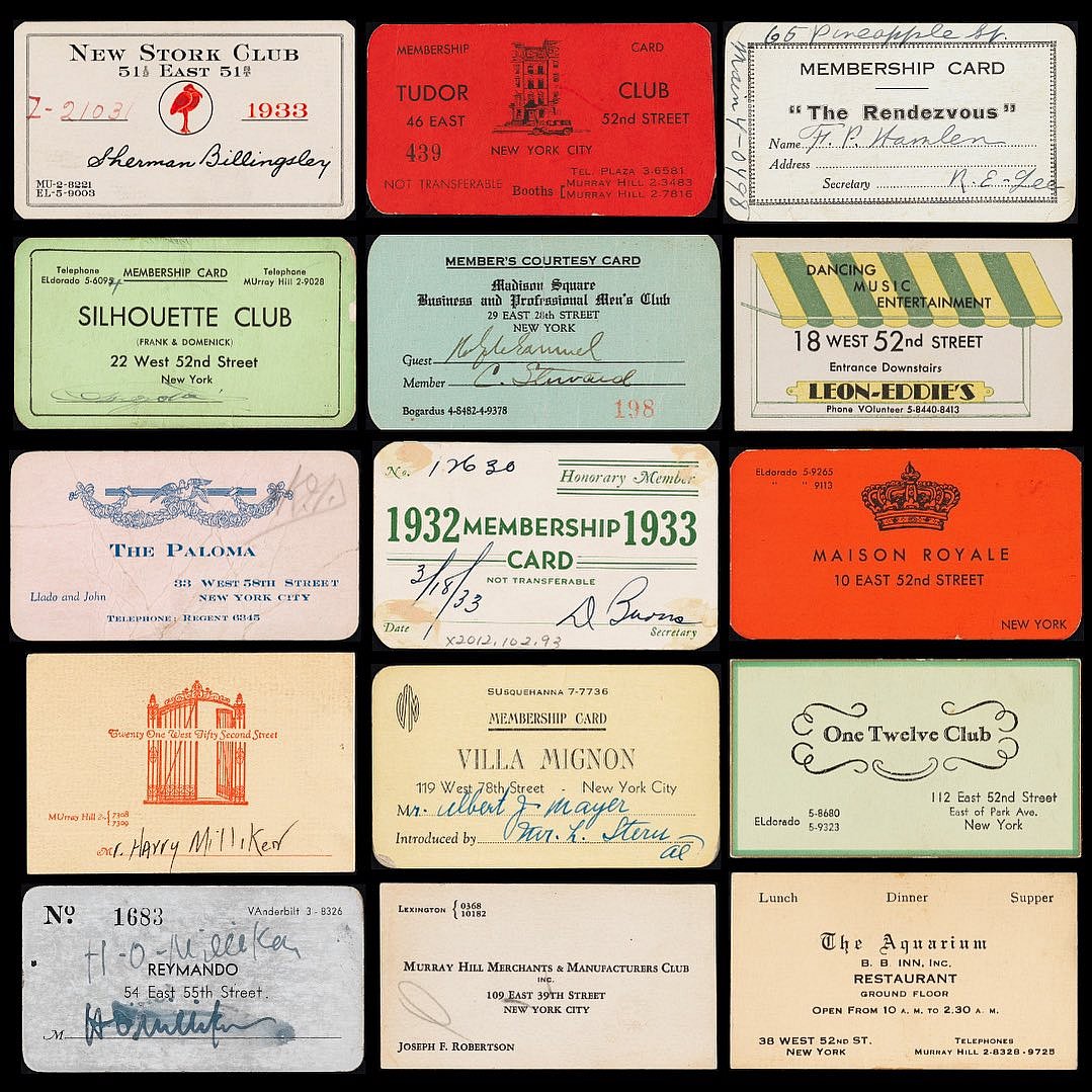 An assortment of membership cards for speakeasies in New York City 