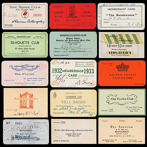 An assortment of membership cards for speakeasies in New York City