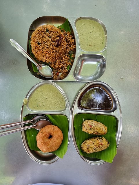 Puliyogare rice (on top) is a popular dish at TKS Iyengars