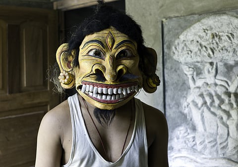 An elaborate mask at the Shamaguri Sattra in Majuli