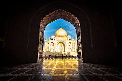 The ivory-white marble Taj Mahal is located on the banks of the Yamuna river in Uttar Pradesh 