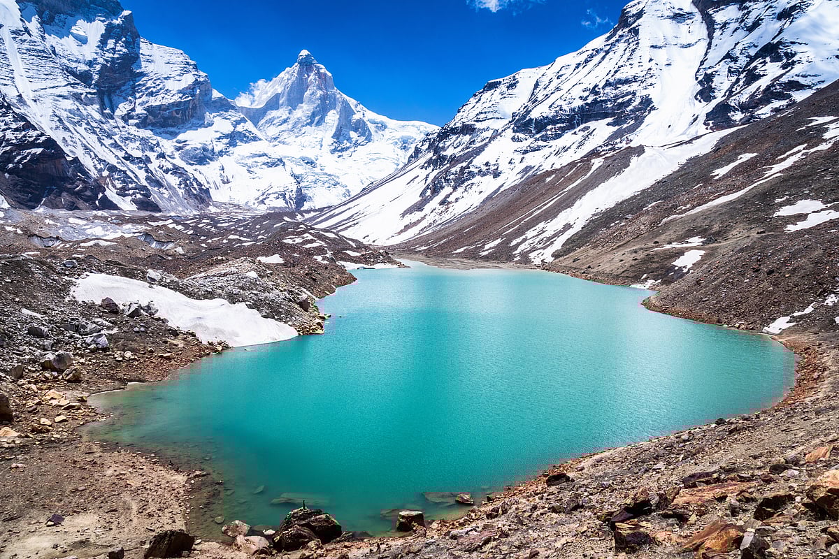 Shutterstock : The emerald green glacier lake of Kedartal, situated at the base of Thalay Sagar