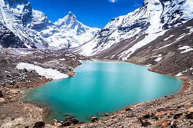 Shutterstock : The emerald green glacier lake of Kedartal, situated at the base of Thalay Sagar
