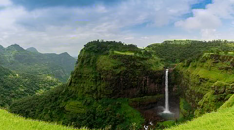 A beautiful view of a waterfall in Sahyadri Ranges
