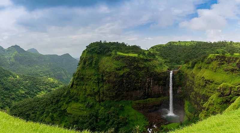 A beautiful view of a waterfall in Sahyadri Ranges