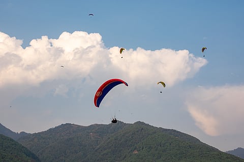 Paragliders landing at Bir