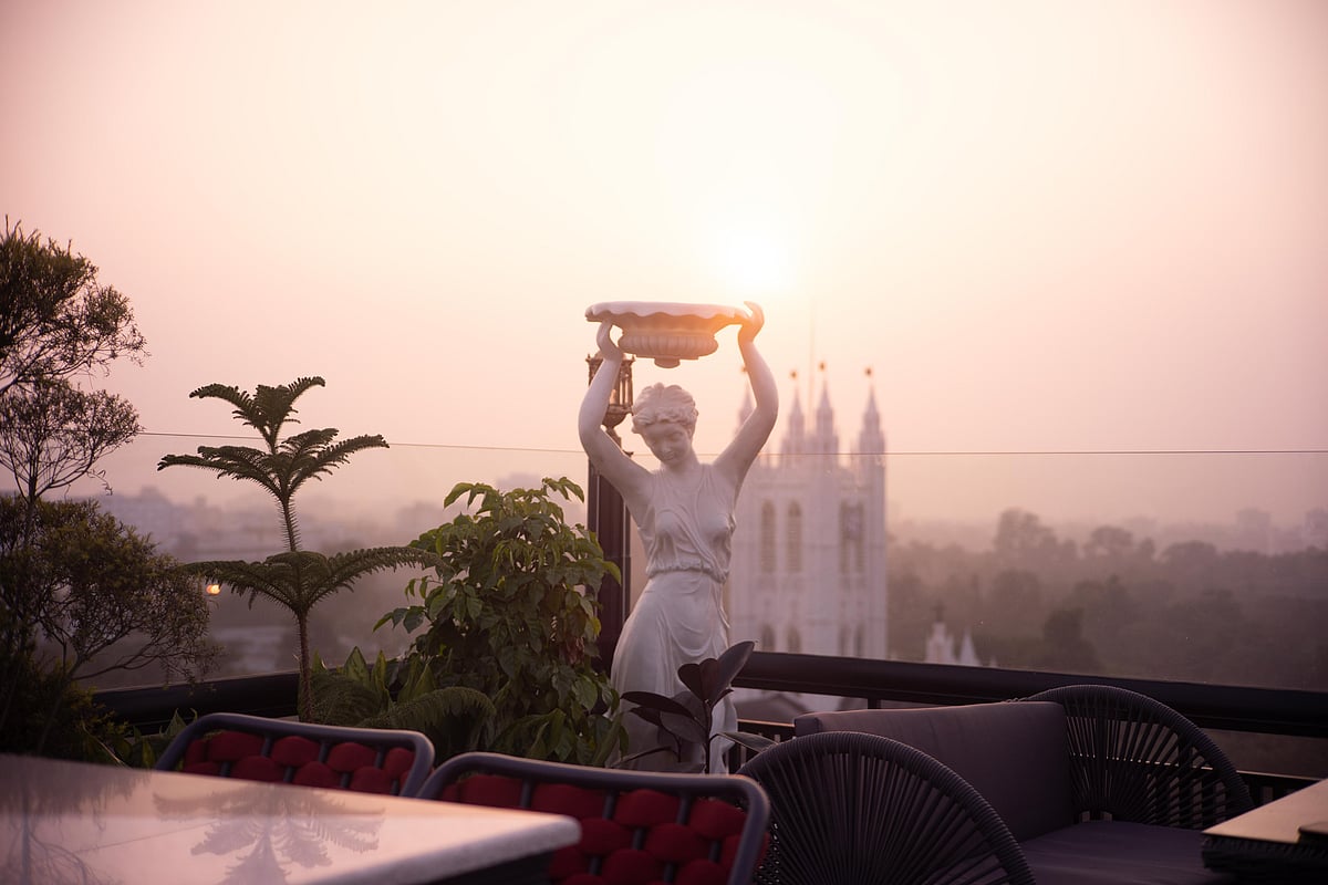 The spires of St Pauls Cathedral visible from the rooftop