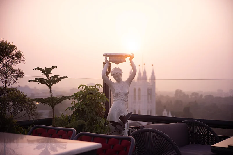 The spires of St Pauls Cathedral visible from the rooftop
