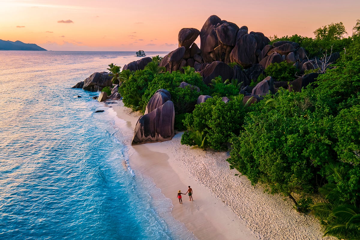 An aerial view of a neat beach in Seychelles