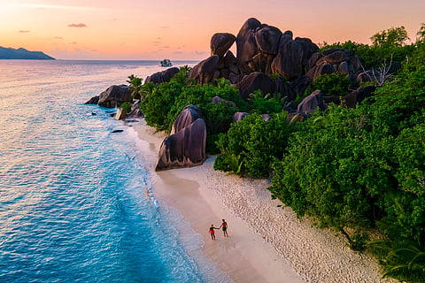 An aerial view of a neat beach in Seychelles