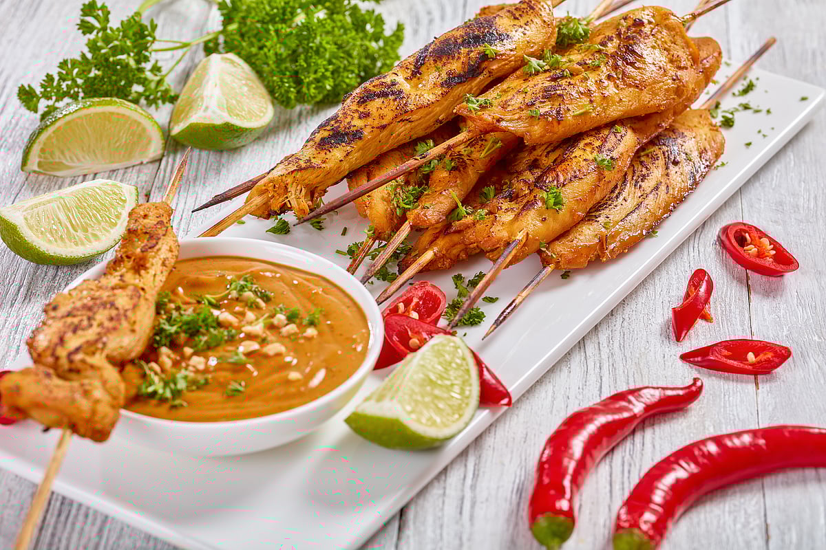 Chicken satay with peanut sauce is juicy and full of flavour