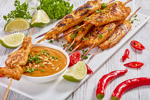 Chicken satay with peanut sauce is juicy and full of flavour
