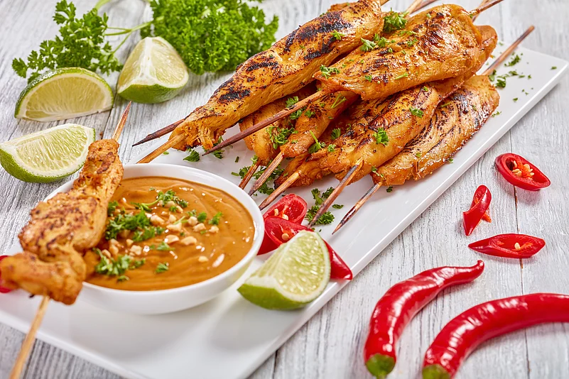 Chicken satay with peanut sauce is juicy and full of flavour