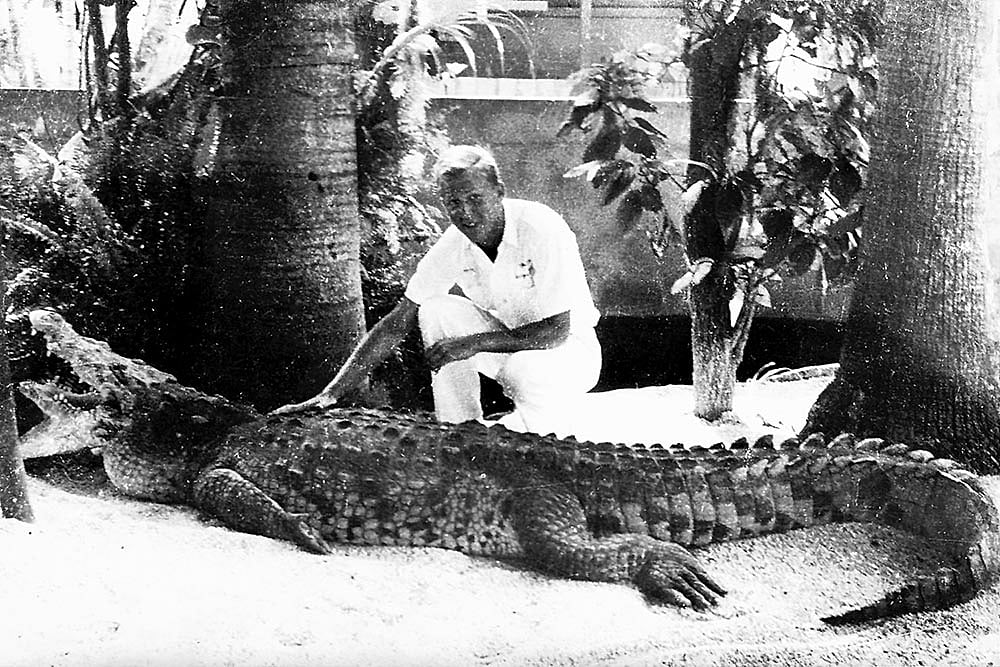 Whitaker with an American crocodile in Miami Serpentarium, 1963