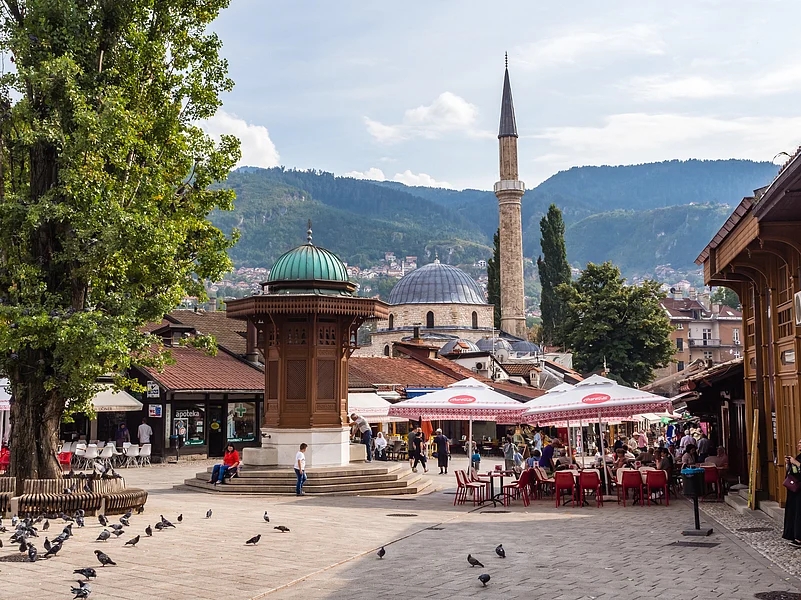 The Last Sebilj (Left) and Baščaršijska Mosque (Right) in Baščaršija, Sarajevo